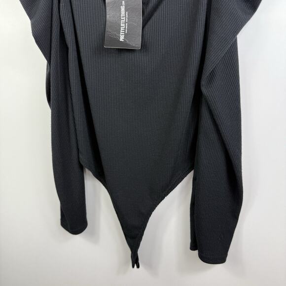 PrettyLittleThing New Black Ribbed Long Puff Sleeve Bodysuit US 8 Square Neck - Picture 8 of 15